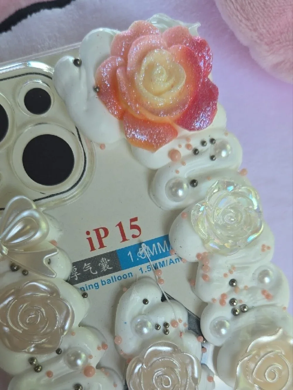 Decorative Floral Bling iPhone 15 Case - White & Pink